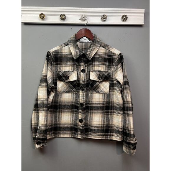 BB‎ Dakota By Steve Madden Shacket Womens Medium Plaid Buttons Boxy Anthracite - Picture 1 of 8